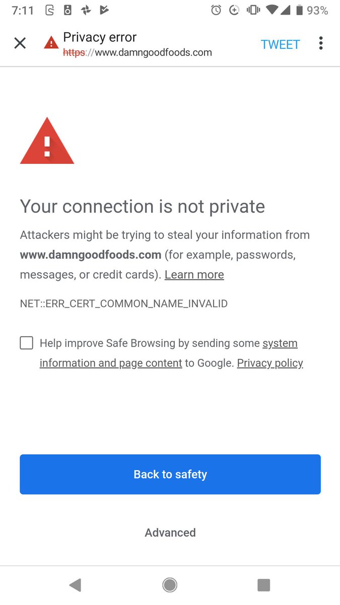 Gullivre's tweet photo. @DamnGoodJerky Here is a screenshot of your website with the security error, likely caused by the expired SSL certificate. You need to talk to whoever hosts your site ASAP. This will lose you business. $$$ https://t.co/wMdAqWHCgE