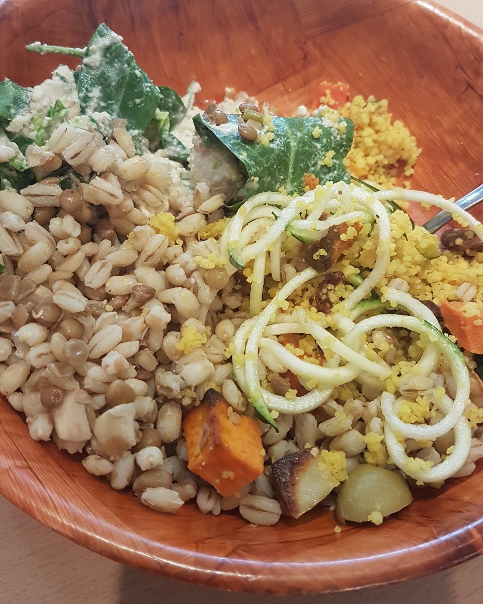 MutinyZero's tweet photo. Our gorgeous salads are available every day to brighten up your lunch! Greek lentil salad, Moroccan cous cous, waldorf salad, potato salad and zoodles. All 100% vegan with gluten-free options too #darlo #darlington #veganfood #veganlunch #salad #lunch https://t.co/NbP3odCpx4
