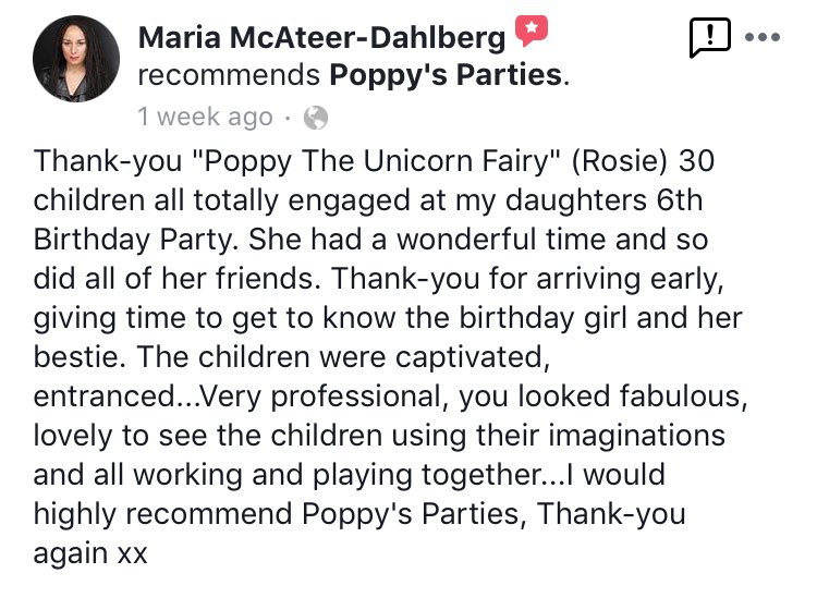 PoppysPartiesUK's tweet photo. Another great review for our parties- it’s so special getting this kind of feedback from parents- thanks Maria! 
#HappyCustomer #kidsparties #party #SmallBusiness #sussex https://t.co/F7fUZznLr9