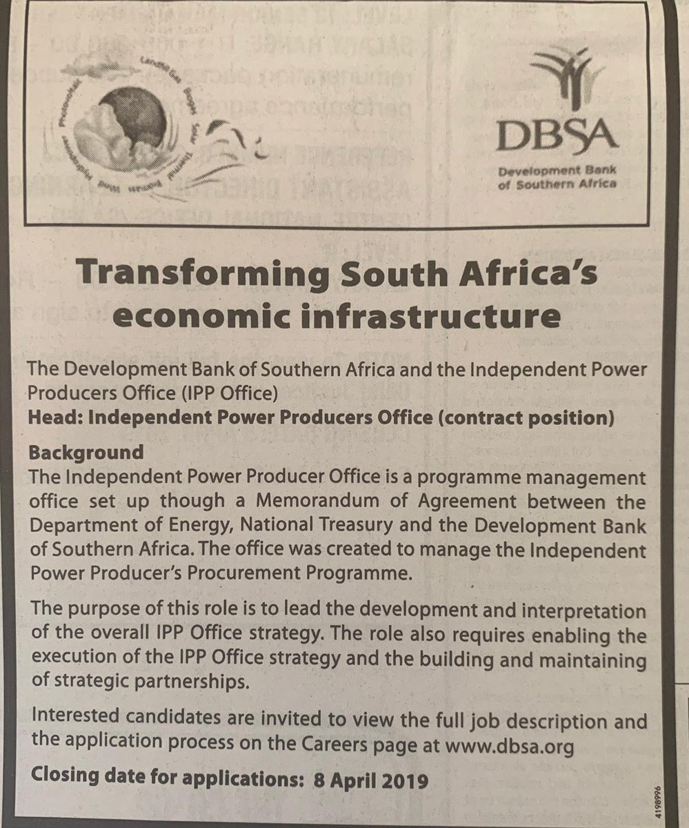 chrisyelland's tweet photo. The DBSA and @Energy_ZA IPP Office are advertising for a new head of the DoE IPP Office in South Africa. Details here: https://t.co/EWAndCcjgR
