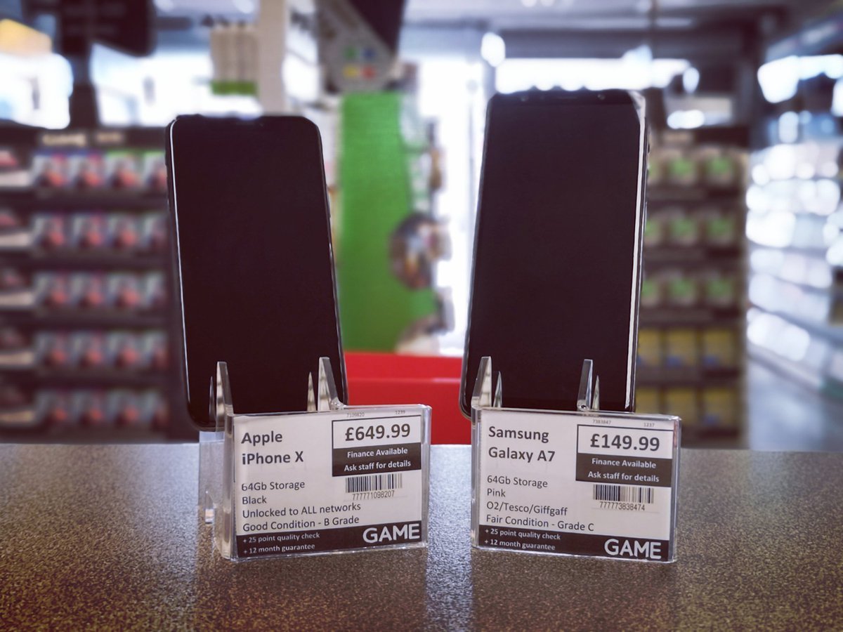 GAMEPaisley's tweet photo. A couple of phones going into our cabinet!
Samsung Galaxy A7 and an IPhone X.
Remember you can trade in your old phone towards one of these or any of our other phones we have in stock. https://t.co/QSZojQ7rD1