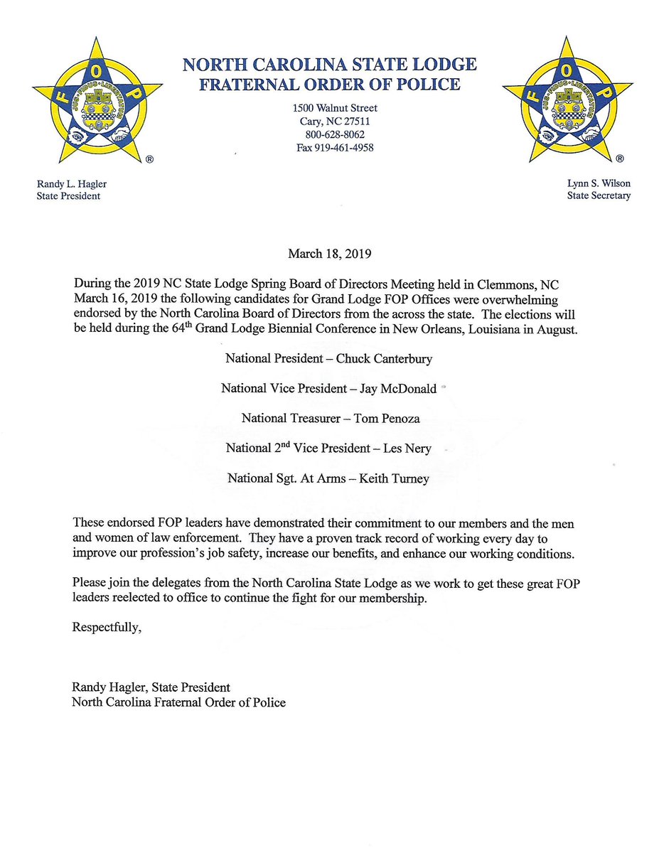 NCFOP1's tweet image. The @NCFOP1 is proud to endorse @fopchuck for NFOP President, @jmcdonaldohfop for NFOP Vice President, @tomfop for NFOP Treasurer, Les Nery for NFOP 2nd Vice President, and @KDTurney for NFOP Sergeant-At-Arms! @GLFOP #FOPStrong