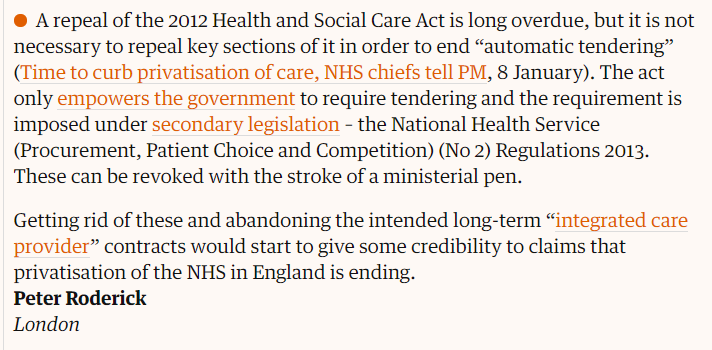 "abandoning the intended long-term “integrated care provider” contracts would start to give some credibility to claims that privatisation of the NHS in England is ending".
Letter from Peter Roderick of <a href="/nhsbillnow/">NHS Bill Campaign</a>. theguardian.com/society/2019/j…