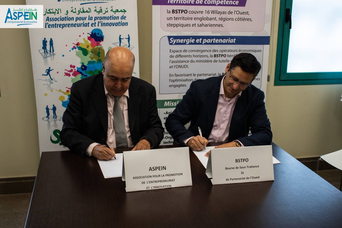 Aspein31's tweet photo. Signature le 23 mars 2019 d'une convention d'entente, avec la bourse de la sous traitance et de partenariat de l'ouest, pour le renforcement des capacités managériales des entrepreneurs.
#ASSOCIATION #ASPEIN #BSTPO #CONVENTION #ORAN https://t.co/68v3jQjLK0