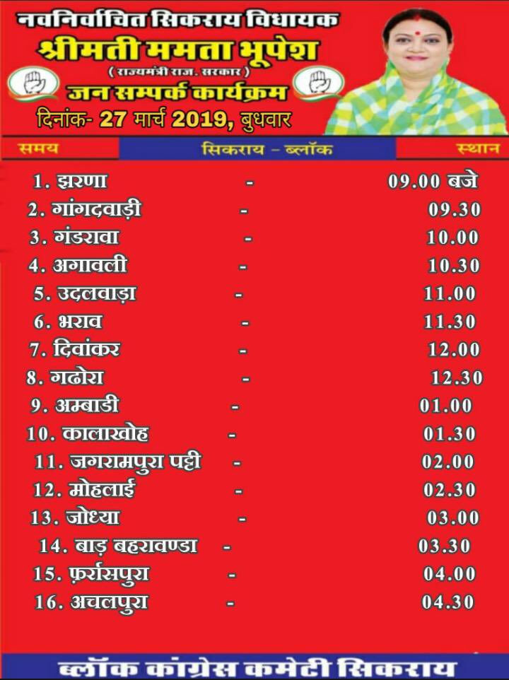 RajasthanPMC's tweet image. “जनसम्पर्क कार्यक्रम” 
नव निर्वाचित सिकराय विधायक, श्रीमती ममता भूपेश @MamtaBhupesh , राज्य मंत्री राजस्थान सरकार 
25,26,27 मार्च 2019
#WithCongress #MahilaCongress