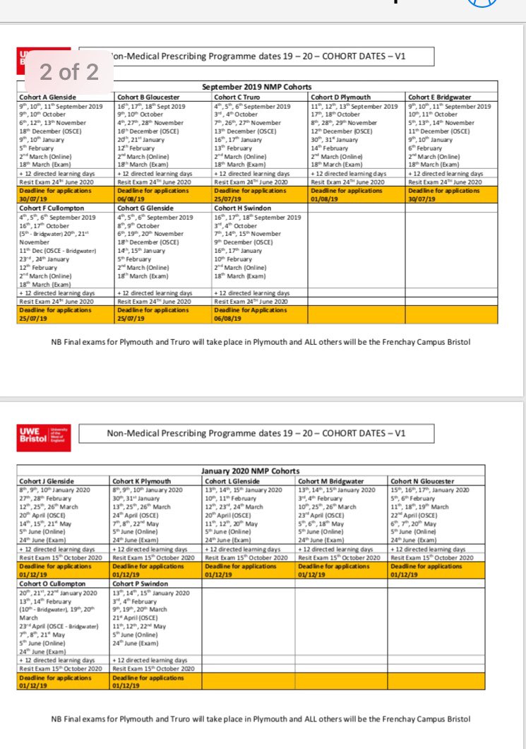 UWE_NMP's tweet image. #uwenmp 19-20 academic year. As promised draft dates (have already been sent to our partner contacts). Gives you time to prepare. 100% attendance required 💪⭐️. Will release when u can apply as soon as it opens. We save several places on each cohort for self funders.