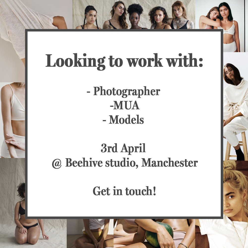 I'm looking to collaborate with a photographer (student or professional) on an upcoming photoshoot for my final campaign at uni
•
Taking place on 3rd April at @beehivestudiomcr, Manchester
•
Please get in touch if you're interested!
#Manchesterphotographer #Prestonphotographer
