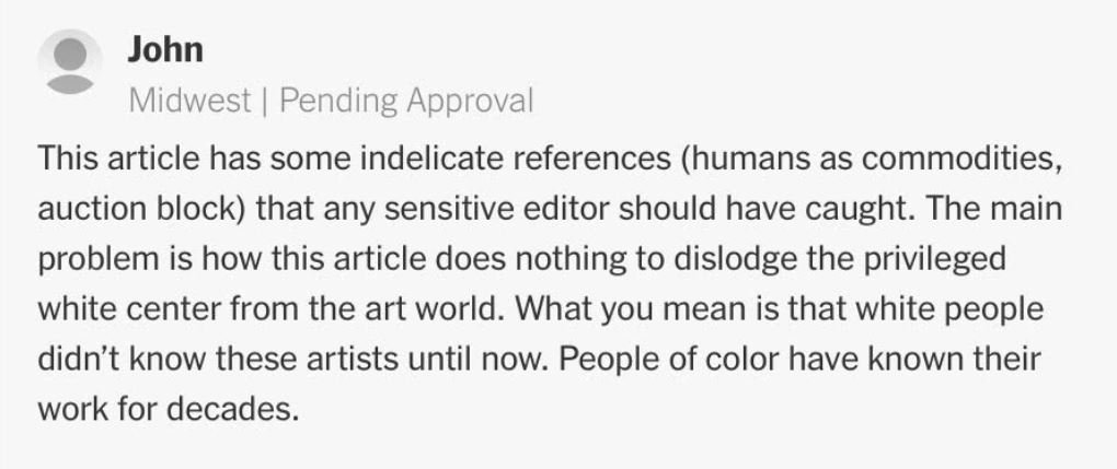 #hilariesheets <a href="/nytimesarts/">New York Times Arts</a> <a href="/nytimes/">The New York Times</a> I'm still wondering why my comment was censored from the NYTimes
Discovered After 70, Black Artists Find Success, Too, Has Its Price nyti.ms/2YhhI5r