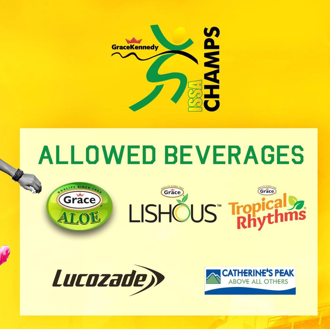 ISSASportsJA's tweet photo. Please note the list of beverages from our sponsors @catherinespeakwater and @gracefoods that will be allowed and available for purchase inside the stadium.
.
.
Boy’s and Girl’s Champs - March 26-30 #TrackToChamps #GKChamps #ISSAChamps #ISSAChamps2019 https://t.co/4fQ7e3NDlt