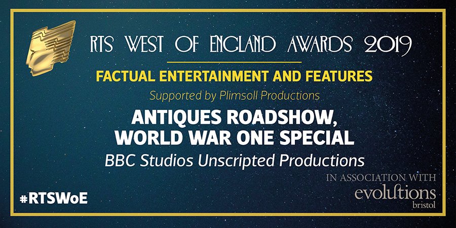 Tonight’s first award, for Factual Entertainment &amp; Features, goes to BBC Studios Unscripted Productions for Antiques Roadshow, World War One Special. Congratulations <a href="/BBC_ARoadshow/">Antiques Roadshow</a>! #RTSWoE