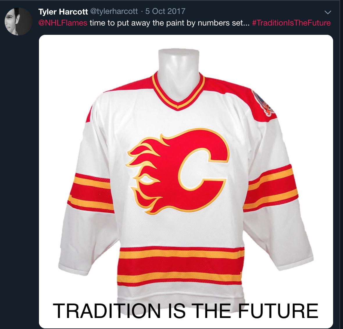 tylerharcott's tweet photo. @NHLFlames How could last nights win look any sweeter?  Or should I say "sweater"?👇🏼 @NHLFlamers #TraditionIsTheFuture https://t.co/BIYzKbe7lx