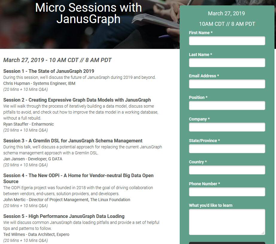sumalaika's tweet image. Register here training.experoinc.com/janus-meetup-m… for a selection of #JanusGraph sessions on Mar 27 including info on #dataloading, #datamodels, #schemamanagement & @ODPiOrg - FYI @alicemazzy @MartinOberhofer @IBMDeveloper @Kingwulf @ray_canzanese @olafhartig @danbri