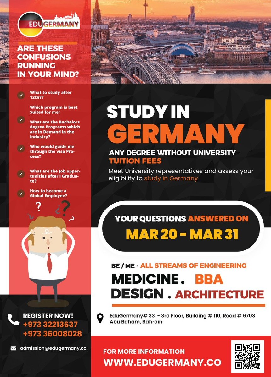 EduGermanyAsia's tweet photo. Choose to study in Germany "the best country to study for international students" at one of the top-ranking universities in the world with almost NO TUITION FEE in the university. Attend our seminar. Call us in +973 36008028

#university #Germany #studyabroad #Bahrain https://t.co/LfDzxa3tId