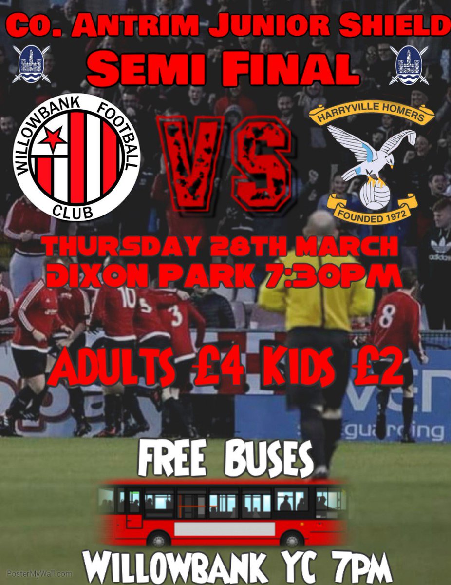 🇾🇪

🏆⚽️| Co. Antrim Junior Shield Semi Final

Sponsored by McCuskers Demolition

Willowbank Vs. Harryville Homers

@Dixonpark 
K.O. 7.30pm. 
Adults £4 
Kids £2

Free bus leaving from Willowbank YC. No later than 7pm! 

Come &amp; support the 'Bank 

🔴⚫

#GOTB #MoreThanAClub