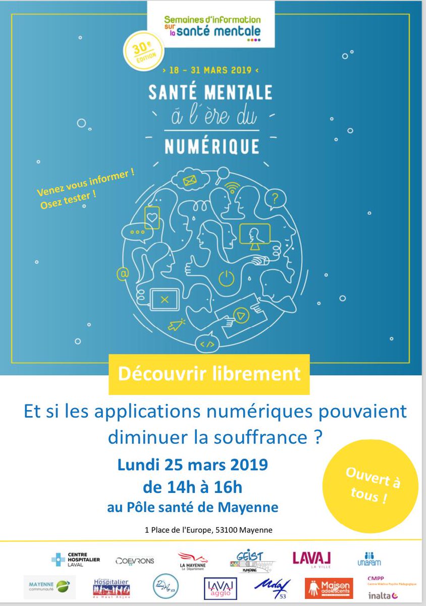 Save the Date: Lundi 25 mars 2019, poursuite et dernier temps itinérant de la SISM 2019 : présentation de certaines applications sur la e santé mentale au pôle santé de Mayenne ,de 14h à 16h . Nous y serons , venez nombreux ! 😀
#sism2019
#esantémentale
#applications