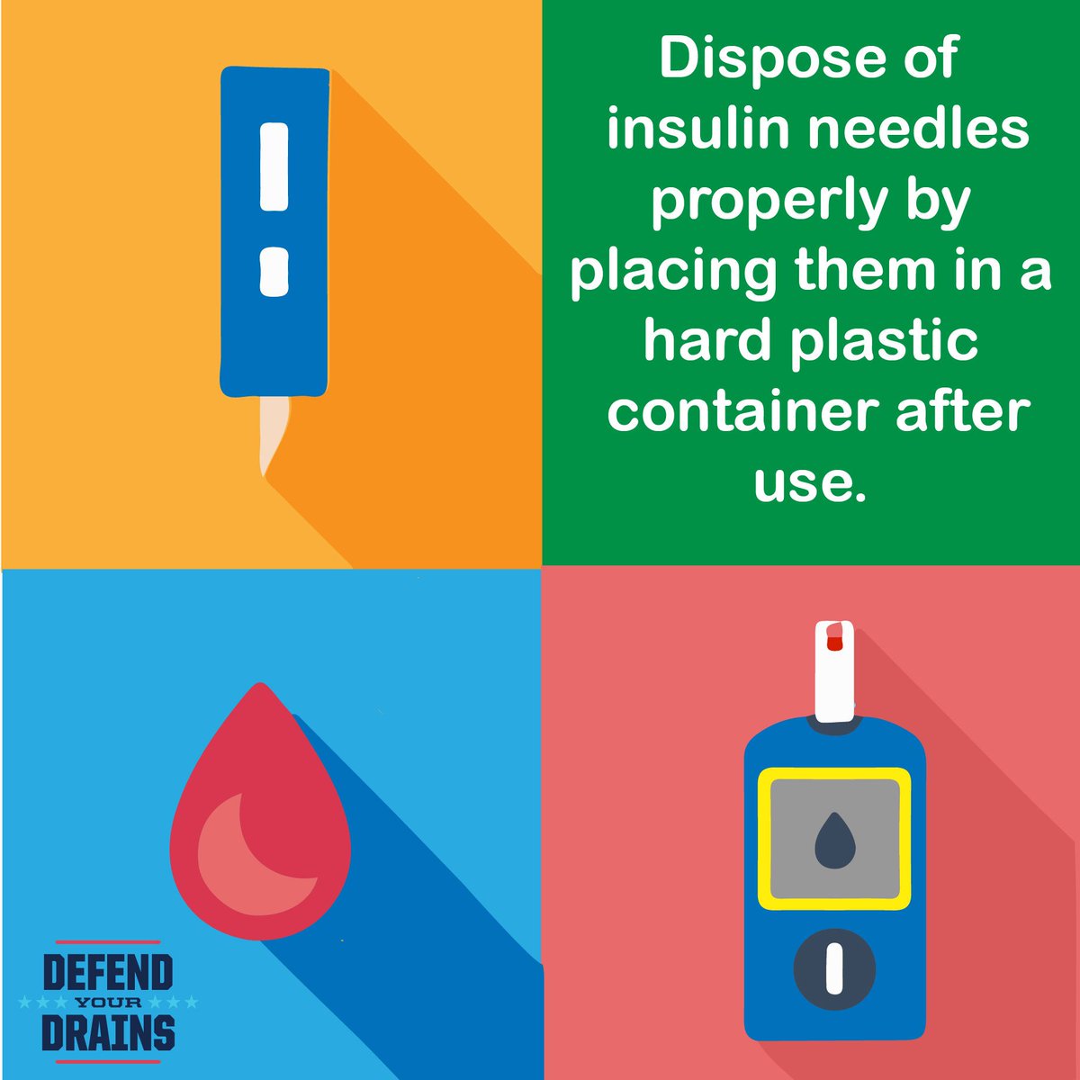 DefendDrainsNTX's tweet photo. To dispose of insulin needles properly, place them in a hard plastic container. Be sure to only fill it up 3/4ths of the way, as to not risk getting injured when filling the container with more needles. Learn more at https://t.co/rEBo5BybI4
#MedTakeBack #DefendYourDrains https://t.co/9eg4ZCl4rl