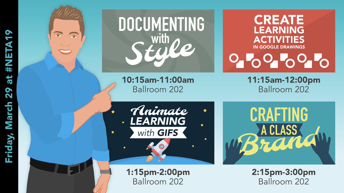 tonyvincent's tweet photo. @yourNETA ⤴️ Elevate your game with me tomorrow at #NETA19! I hope to see you at one of my sessions. 
 
📹 Documenting with Style 
🎨 Create Activities in Google Drawings
🚀 Animate Learning with GIFs
🤝 Crafting a Class Brand
 
https://t.co/6wXFhFhjYy https://t.co/ridO91U6JE