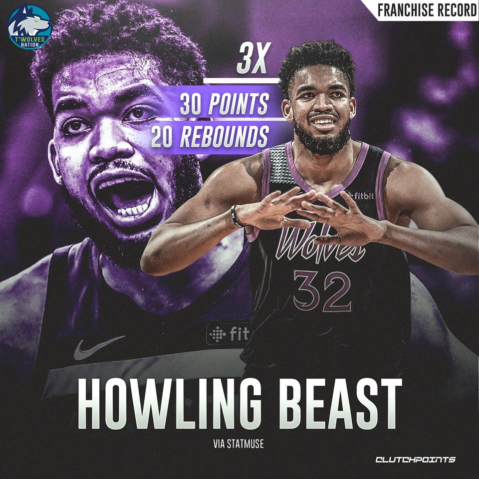 Karl-Anthony Towns is now on top of the Timberwolves' record books in 30-20 games in a season. 💪🐺
#AllEyesNorth #Timberwolves