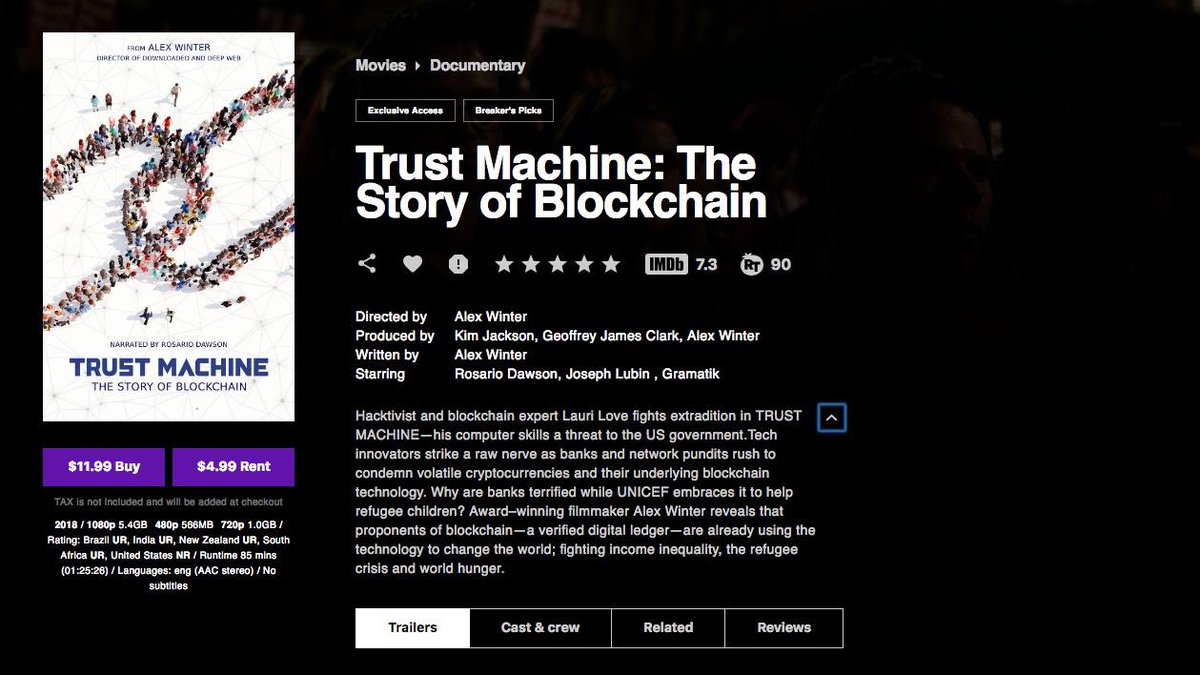 Chattweett's tweet photo. Watched #TrustMachine The story of blockchain on https://t.co/Ztp7TGIgh4 the blockchain powered VOD platform. Not only is it an interesting movie, but also a demonstration of applicated #tokenization #trust https://t.co/cLCJuwyyRP