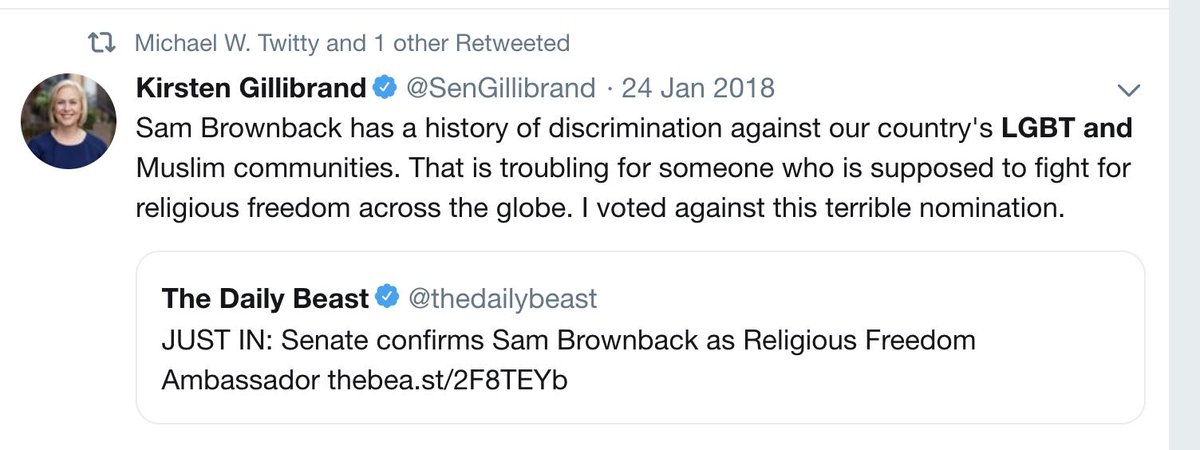 2018 Gillibrand votes against Brownback noting his long standing LGBT discrimination.