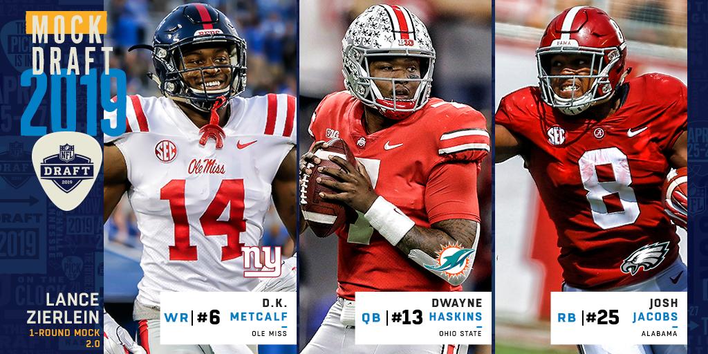 NFL's tweet photo. .@LanceZierlein's Mock @NFLDraft 2.0

6. NYG: @dkmetcalf14 
13. MIA: @dh_simba7 
25. PHI: @iAM_JoshJacobs 
FULL: https://t.co/cQPsIzfhm7 https://t.co/5CZ6uidT3o