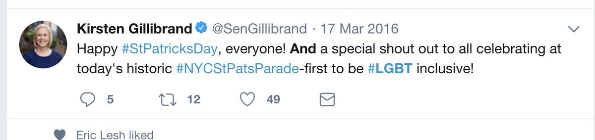 2016 Gillibrand recognizes the long history of discrimination faced by LGBT people who were barred from marching in the St Patricks Day parade.
