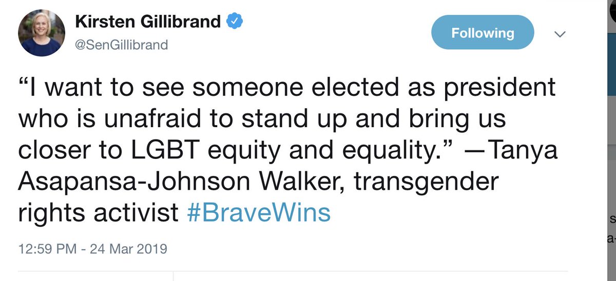 2019 Gillibrand elevates a trans activist to open her presidential campaign launch rally.