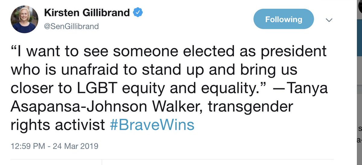 2019 Gillibrand elevates a trans activist to open her presidential campaign launch rally.