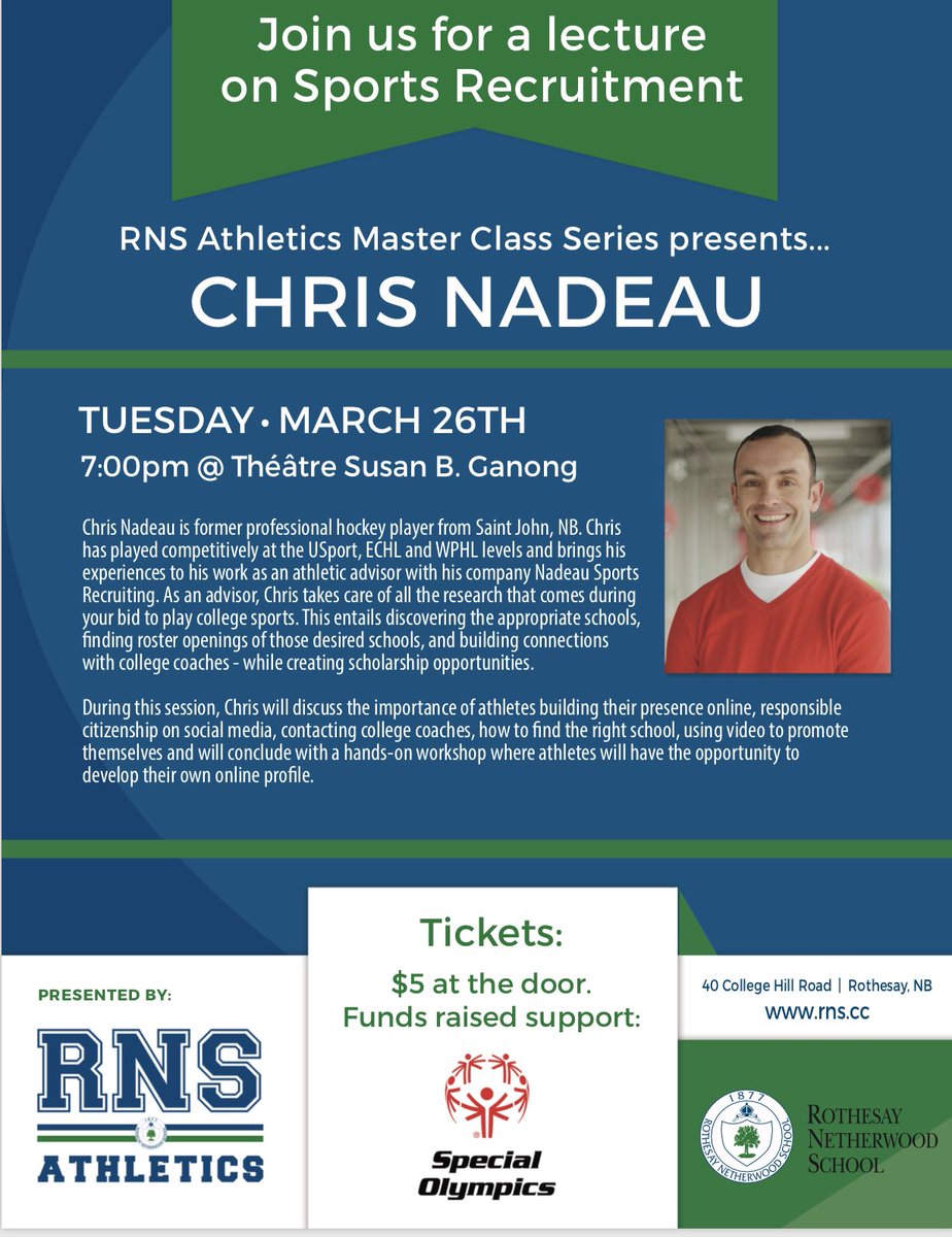 RNSAthletics's tweet photo. Join us on Tuesday, March 26th at 7:00pm for Part II of the @RNS1877 Athletics Master Class Series with a lecture on Sports Recruitment with Athletic Advisor Chris Nadeau ! #MasterClassSession #growth https://t.co/r2w2F6uwVV