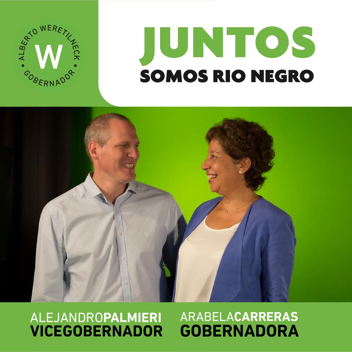 En la era de la mujer, <a href="/ArabelaCarreras/">Arabela Carreras</a> Gobernadora de Río Negro, y <a href="/AlePalmieriRN/">Alejandro Palmieri</a>, hijo de una familia productora del Alto Valle, Vicegobernador. Orgullosos de nuestros próximo gobierno. #SigamosCreciendo #SiempreJuntos #VamosRíoNegro