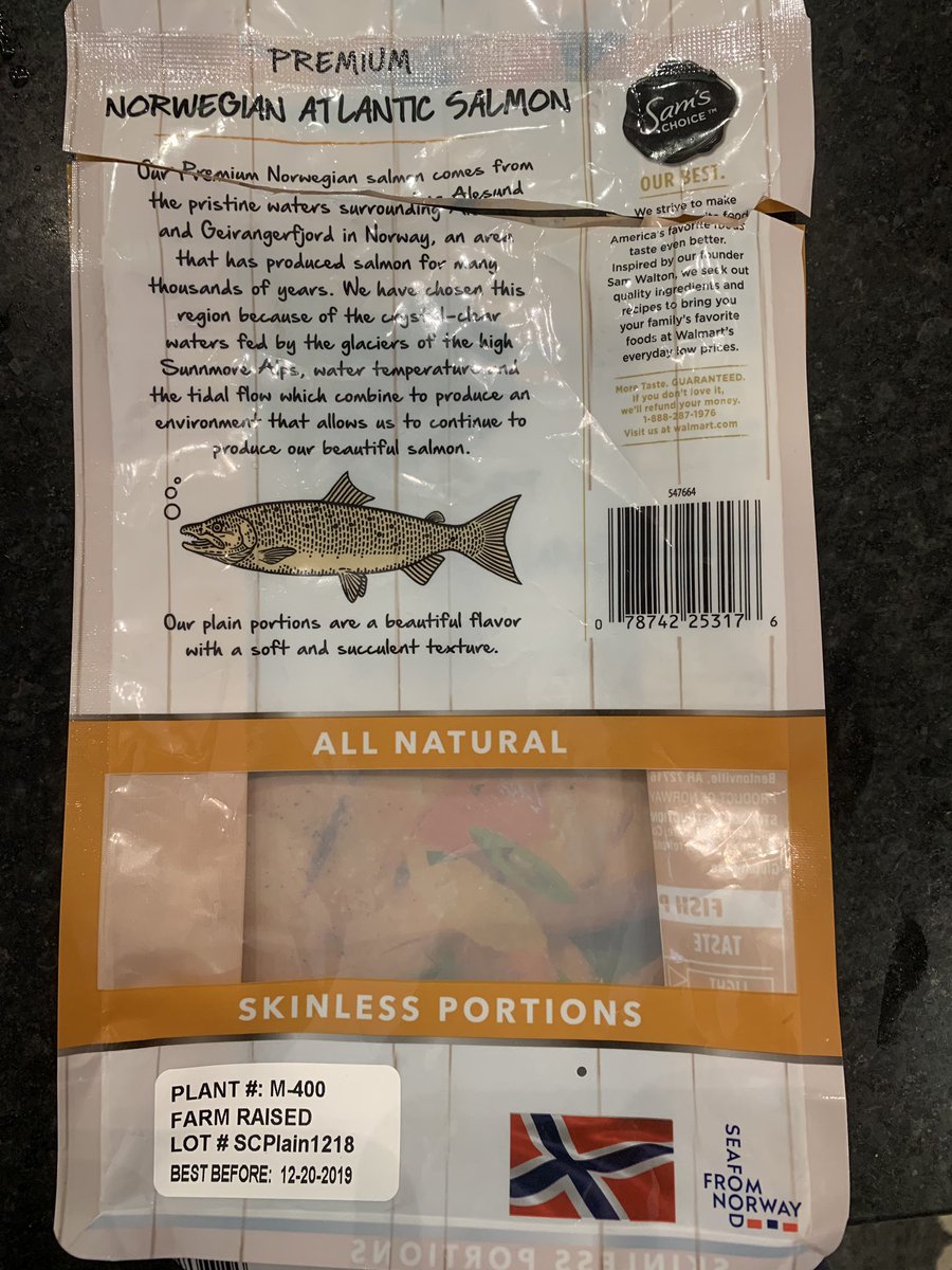 dreasma's tweet photo. Way to mislead your shoppers #Walmart Norwegian Atlanic Salmon “comes from the pristine waters... surrounding Norway” aka Farm Raised Lot. This isn’t right and you should change this packaging. #unethicalmarketing #Walmart #farmraisedseafoodsucks #cleaneating #pescatarian https://t.co/POLmyf0chA