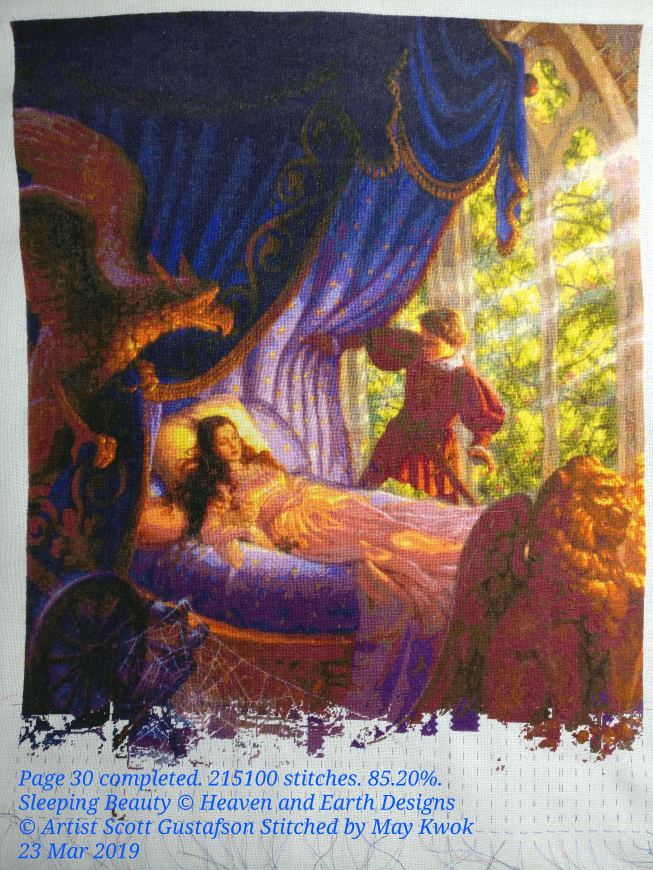 Just realised I haven't posted page finish to my Sleeping Beauty project for a while. Ta-da! 32count evenweave pewter grey, 2x1 tent stitch. Artwork by Scott Gustafson chat design #HAED Michele Sayetta. Page 30 is finished, only 6 partial pages left!