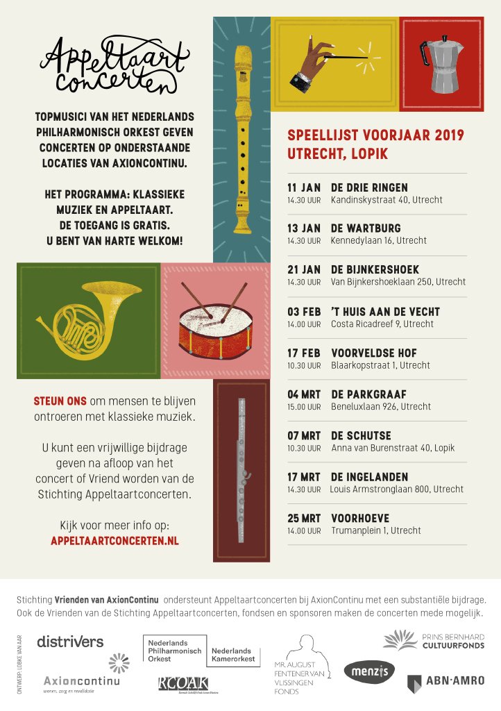 Morgen, 25 maart om 14.00 uur is er een appeltaartconcert in Woonzorgcentrum Voorhoeve in Utrecht.  
De toegang is gratis, iedereen is welkom!
<a href="/Appltrtcncrtn/">Appeltaartconcerten</a>