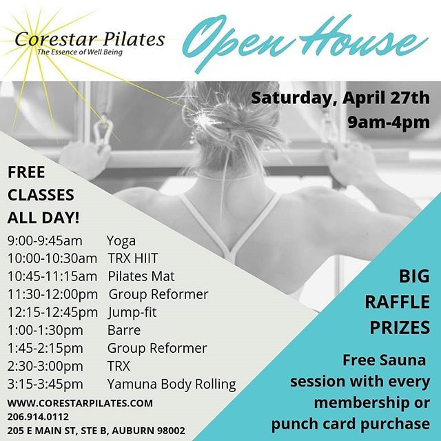 CorestarPilates's tweet image. Free classes at our annual open house! A great day to try something new.  All instructors will be present to answer any questions. #groupfitness #privateinstruction #pilates #yoga #trxtraining #barre #yamunabodyrolling #nutrition #sauna ift.tt/2CLYjkb