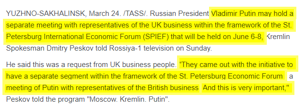 The idea to hold separate meetings with Putin was the idea of UK companies, according to Tass.""They came out with the initiative to have a separate segment within the framework of SPIEF [St. Petersburg International Economic Forum]