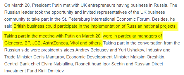 So, Glencore, BP, JCB, AstraZeneca, Vitol & otherswere just some of the companies meeting up with Putin just 4 days ago. 20/3/19JCB - pro brexit, who pay David Davis £3k per hour & Boris Johnson £10k for a pr stunt. @StillDelvingH  @brexit_sham  @carolecadwalla  @peterjukes