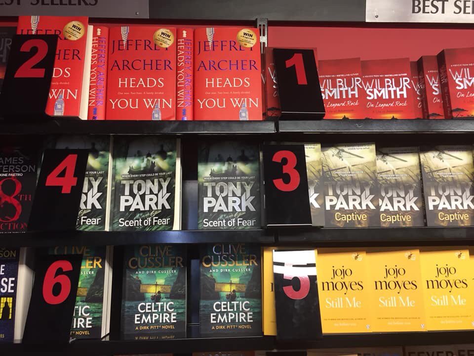 tonyparkauthor's tweet photo. CNA at #Johannesburg’s OR Tambo Airport is very good for my ego. Number 4 in new releases (three months after release), and 3 in small paperback bestsellers. Thank you, airline passengers of South Africa and the world! https://t.co/QKxnAVcC3c