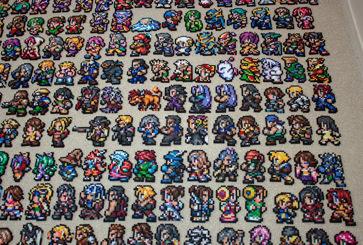 I've been playing FFRK since its first day, and made a beadsprite for every playable character (and more!) in it. The 4th anniversary is coming up, so here's my entire collection: the overall view, and some closeups.
#FFRK #beadsprites #fanart