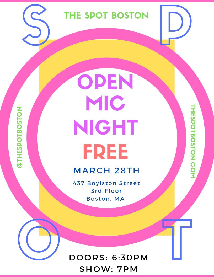 TheSpotBoston's tweet photo. LAST OPEN MIC OF THE SCHOOL YEAR! LETS GO OUT WITH A BANG! https://t.co/mZic3MUSiL