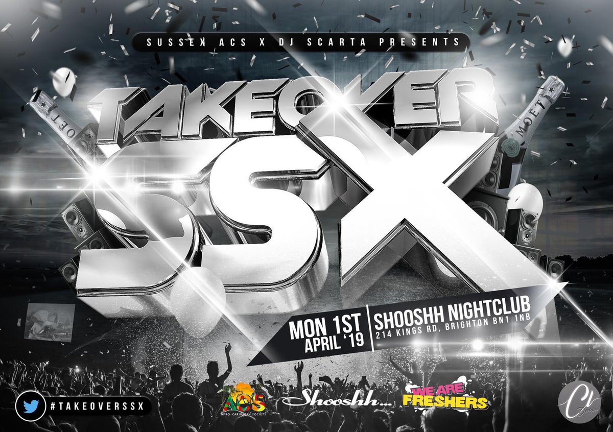 Don’t forget! Our pre - exam season party.....TAKEOVER SSX on April 1!!!!!
This one is BIG guys! Join us <a href="/ShooshhBrighton/">Shooshh Brighton</a> to party with @DenoDriz 🎉🙌🏾💃🏾
DJs on the night: <a href="/Active_Abs/">The Catalyst</a> and <a href="/DjScarta/">Its Deejay Scarta</a> 🕺🏾🕺🏾 
It’s due to be a litty night guys, Trust you don’t want to miss this! 🔥🔥