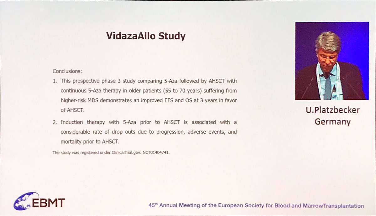 DrAmitPatel's tweet photo. VidazaAllo randomised trial demonstrating the benefit of allogeneic #BMT for #MDS after 4 cycles of #azacitidine compared to no #transplant the #EBMT19 opening ceremony @TheEBMT @BritSocHaem @British_SocBMT @ASTCT https://t.co/yesDhSiQC0