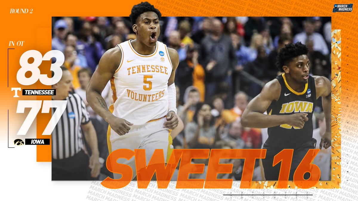 MarchMadnessMBB's tweet photo. WHAT A START TO THE DAY! 🔥

(2) Tennessee SURVIVES in OT after a FURIOUS 25-point comeback by (10) Iowa to advance to the #Sweet16! #MarchMadness https://t.co/3LUTMzyR08