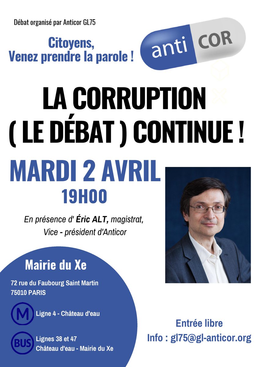 Anticor75's tweet photo. Constat dramatique : Les 2/3 des français considèrent que la corruption est répandue! 
Venez témoigner et vous exprimer sur la lutte contre la corruption!
Rendez-vous le 2 avril à 19h à la Mairie du Xè!
@fabricearfi @edwyplenel  @lemondefr @LaurentMauduit @canardenchaine https://t.co/aU64BgQwBe