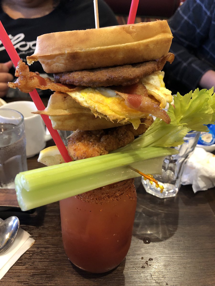 JoshuaHurst2's tweet photo. Second up on the Broken Yok visit was the Waffle House Bloody Mary. Typical  Mary, light on spice, garnished with waffles, egg, bacon, sausage, fried chicken, and basic garnish. Would have liked a premium vodka with this, but delightful overall. This appetizing piece gets 8/10 https://t.co/z3g7zzZt5u