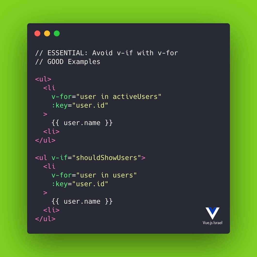 VueJSIsrael's tweet image. #TipOfTheDay Never use v-if on the same element as v-for.
When Vue processes directives, v-for has a higher priority. So even if we only render elements for a small fraction of users, we have to iterate over the entire list every time we re-render. 😱
#vuejsisrael #vuejs