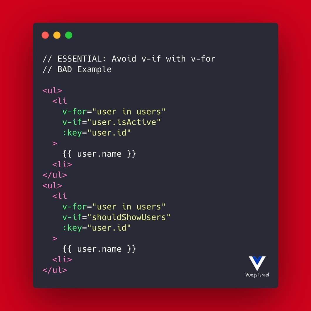 VueJSIsrael's tweet image. #TipOfTheDay Never use v-if on the same element as v-for.
When Vue processes directives, v-for has a higher priority. So even if we only render elements for a small fraction of users, we have to iterate over the entire list every time we re-render. 😱
#vuejsisrael #vuejs