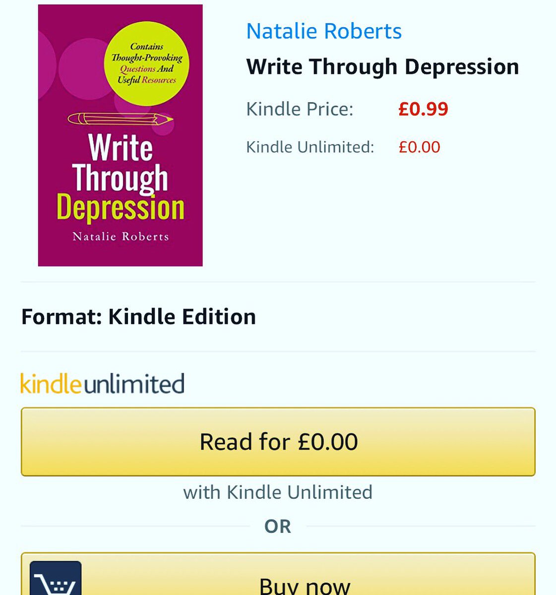 Natalieroberts1's tweet photo. The price of the eBook will go up on Tuesday, so grab it at 99p while you can. Channel your #depression into something creative. #mentalhealth #depressionhelp #writing #creativity https://t.co/ZuFuOqhSRX