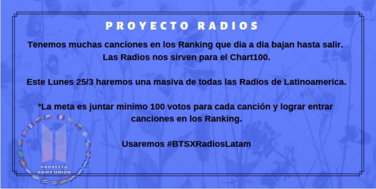 BTSLMSBOLIVIA's tweet photo. ((Proyecto Radios  📻))

Este Lunes  25 de Marzo, desde  5AM  (8 PM KST) hasta las 8PM  (11 AM KST) nos uniremos con el fin de subir a los chicos en las Radios de Latam.

¿Están list@s? 

- prepara tus peticiones y logremos este objetivo.

—  Juntos trabajando por @BTS_twt —🎶 https://t.co/PJ0IcZ4BD0