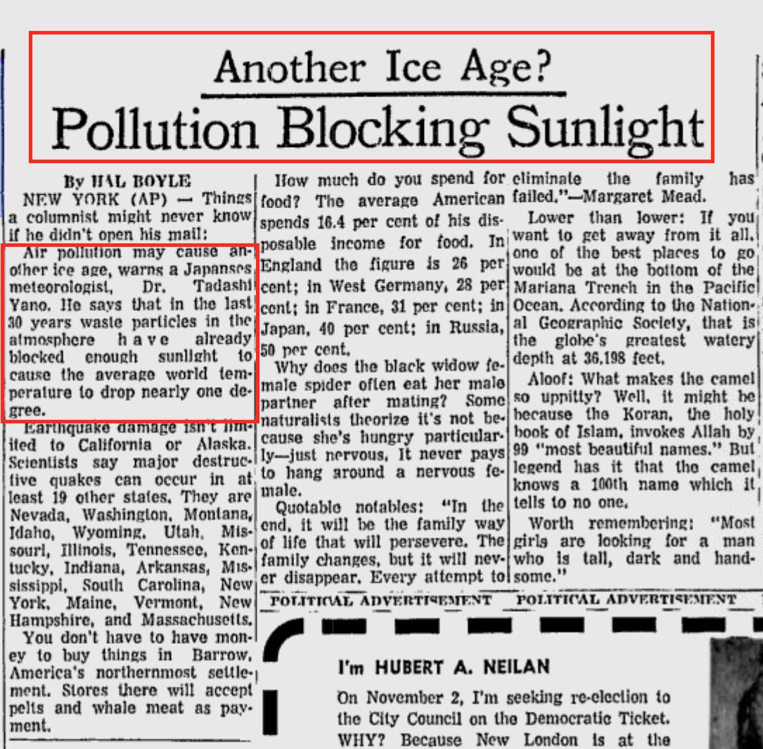 7.1971 - A looming Ice Age caused by man-made pollution! https://news.google.com/newspapers?id=0_cgAAAAIBAJ&sjid=lnMFAAAAIBAJ&pg=806%2C54617