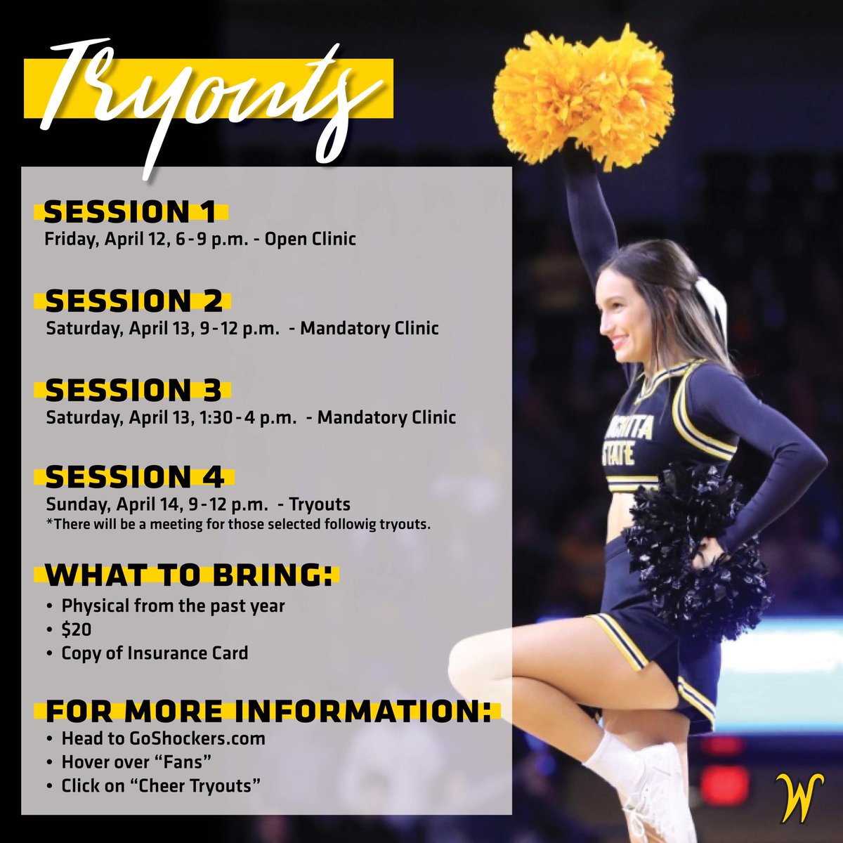 GoShockersCheer's tweet photo. Tryouts are HERE! We’re just as excited as you are. BE SURE to head to https://t.co/fEcdVtkyiU, hover over “Fans,” and click on “Cheer Tryouts” to register online. We can’t wait to see you there!💛🌾
#GoShockersCheer #WatchUs #GoShocks #AllGirl #Coed #Cheer #Tryouts https://t.co/kHe1Qvc3Oo